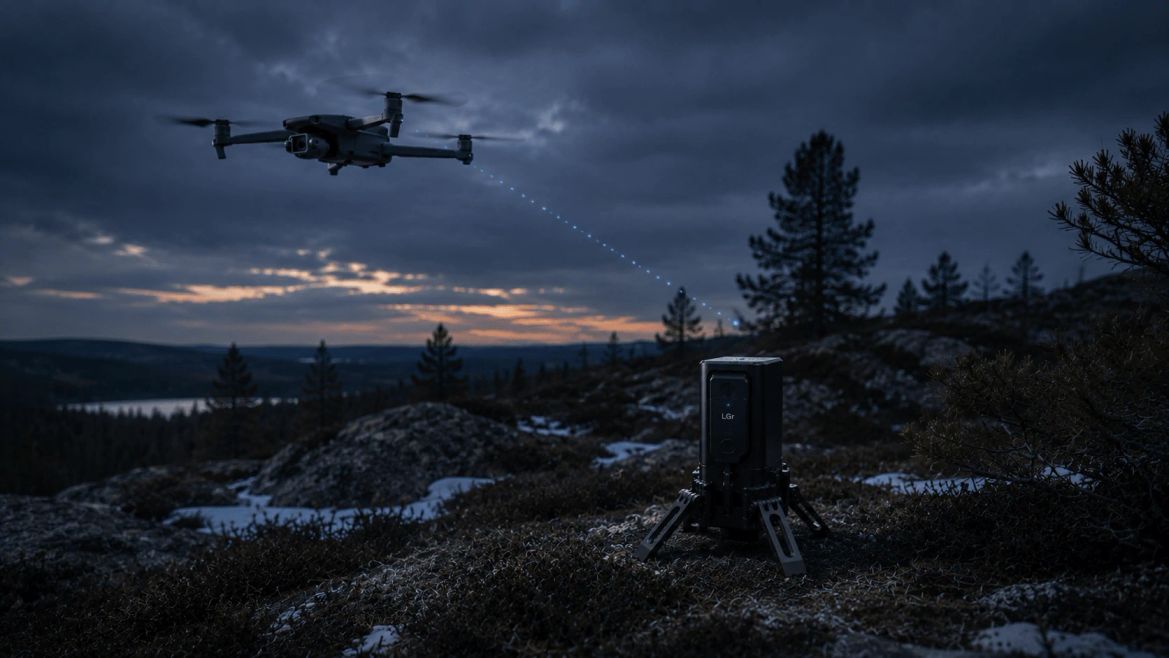 A UAV in flight near a deployed sensor node at dusk